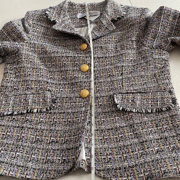 𝅺jacket Society cropped tweed Lurex fringe gold buttons tailored blazer Sz S - Picture 10 of 15